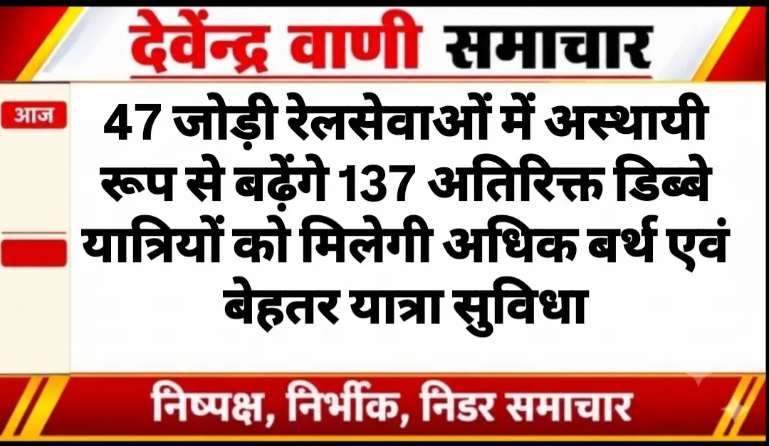 47 जोड़ी रेलसेवाओं में अस्थायी रूप से बढ़ेंगे 137 अतिरिक्त डिब्बे यात्रियों को मिलेगी अधिक बर्थ एवं बेहतर यात्रा सुविधा